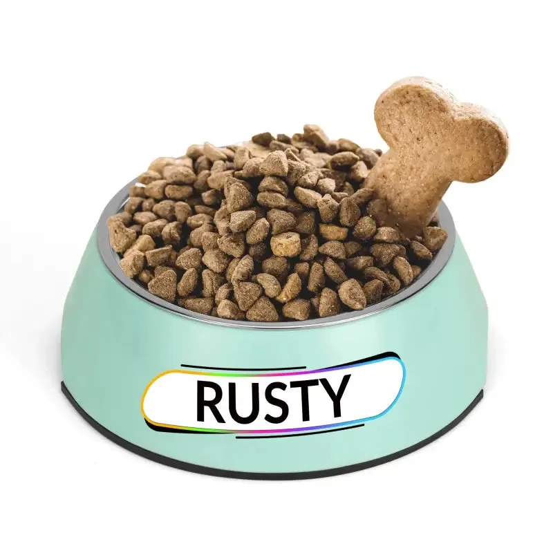 Personalized Pink Pet Food Bowl with Custom Name Tag for Rusty