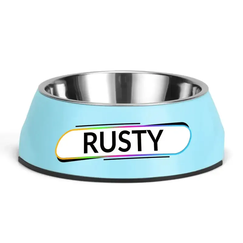 Personalized Pink Pet Food Bowl with Custom Name Tag for Rusty