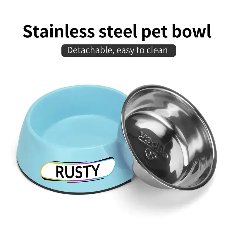 Personalized Pink Pet Food Bowl with Custom Name Tag for Rusty