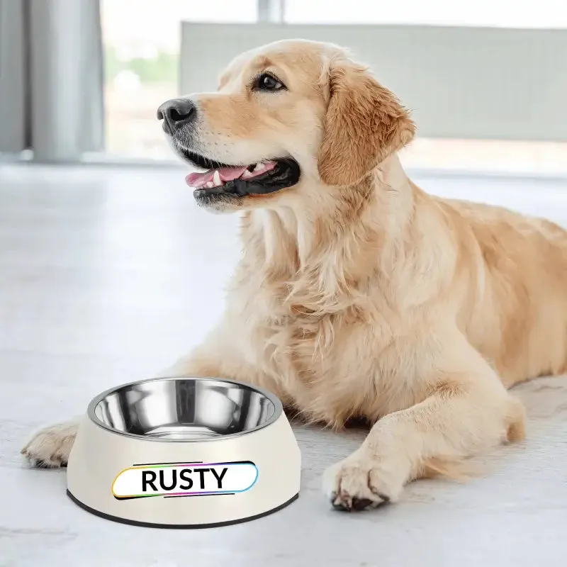 Personalized Pink Pet Food Bowl with Custom Name Tag for Rusty