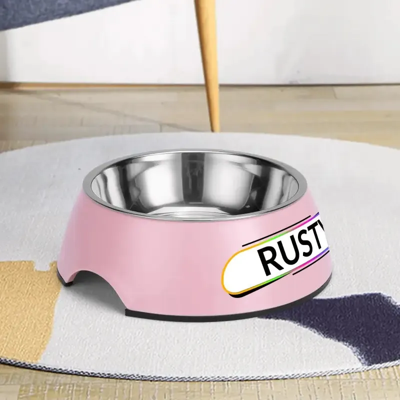 Personalized Pink Pet Food Bowl with Custom Name Tag for Rusty