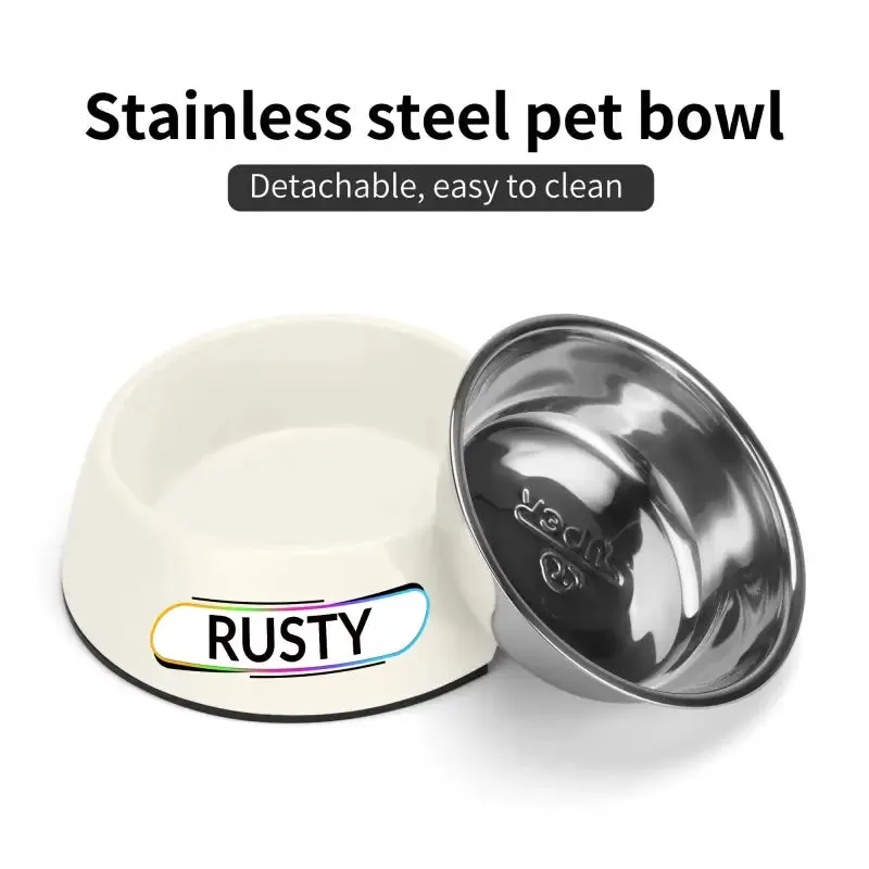 Personalized Pink Pet Food Bowl with Custom Name Tag for Rusty