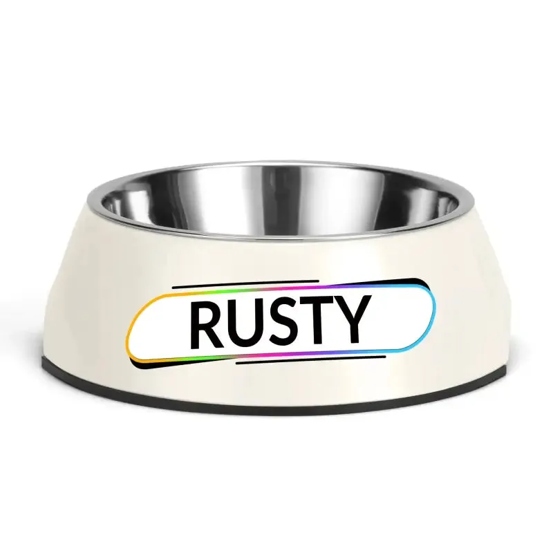 Personalized Pink Pet Food Bowl with Custom Name Tag for Rusty