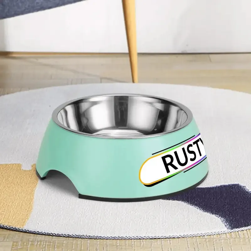 Personalized Pink Pet Food Bowl with Custom Name Tag for Rusty