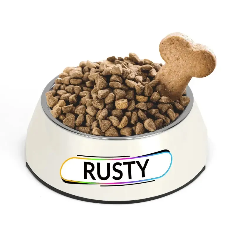 Personalized Pink Pet Food Bowl with Custom Name Tag for Rusty