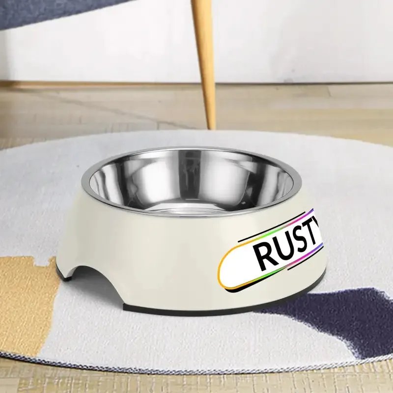 Personalized Pink Pet Food Bowl with Custom Name Tag for Rusty