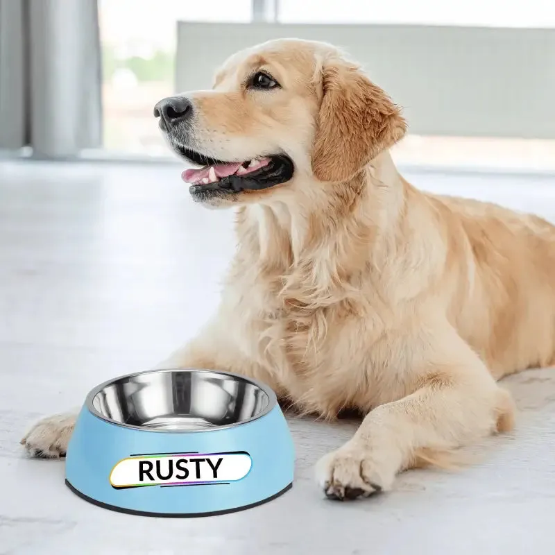 Personalized Pink Pet Food Bowl with Custom Name Tag for Rusty