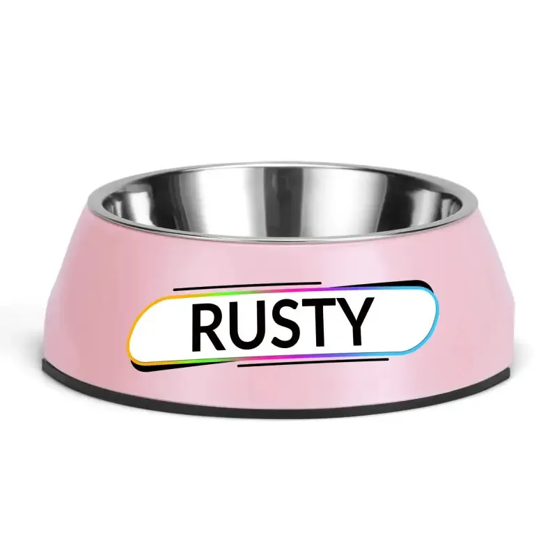 Personalized Pink Pet Food Bowl with Custom Name Tag for Rusty