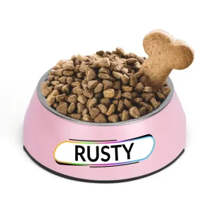 Personalized Pink Pet Food Bowl with Custom Name Tag for Rusty