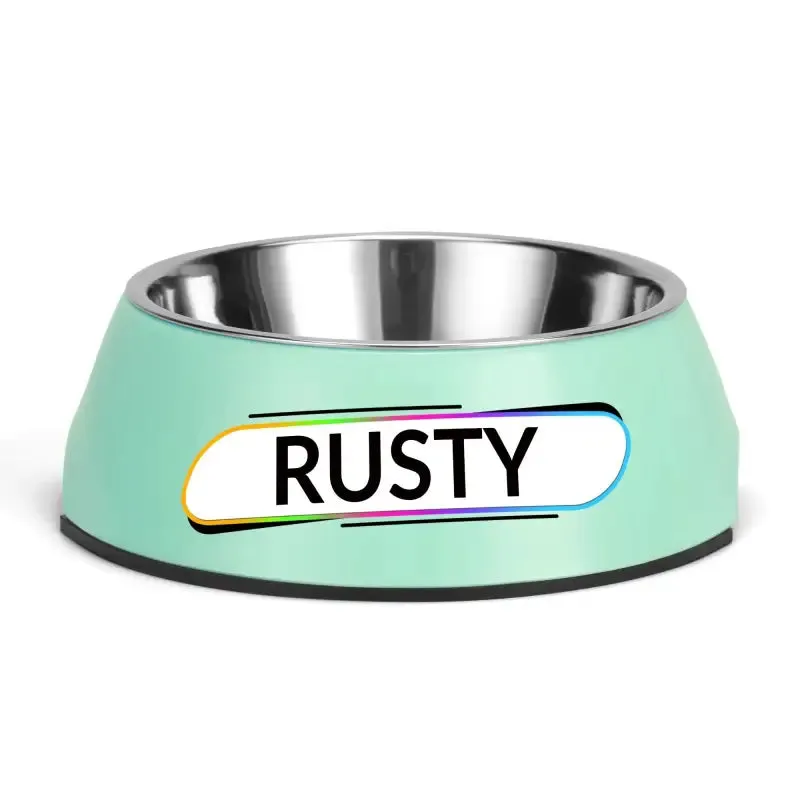 Personalized Pink Pet Food Bowl with Custom Name Tag for Rusty
