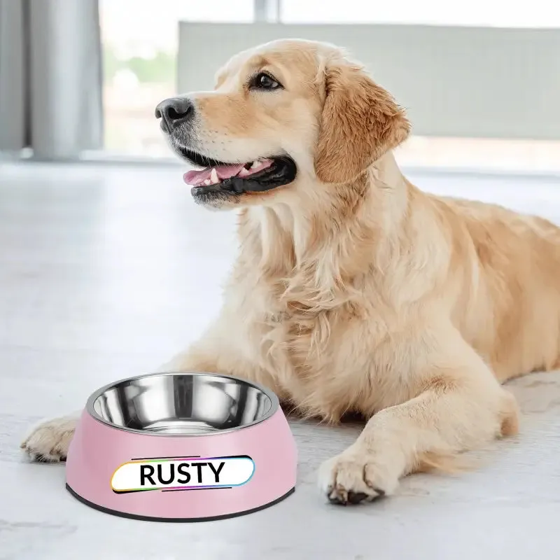 Personalized Pink Pet Food Bowl with Custom Name Tag for Rusty