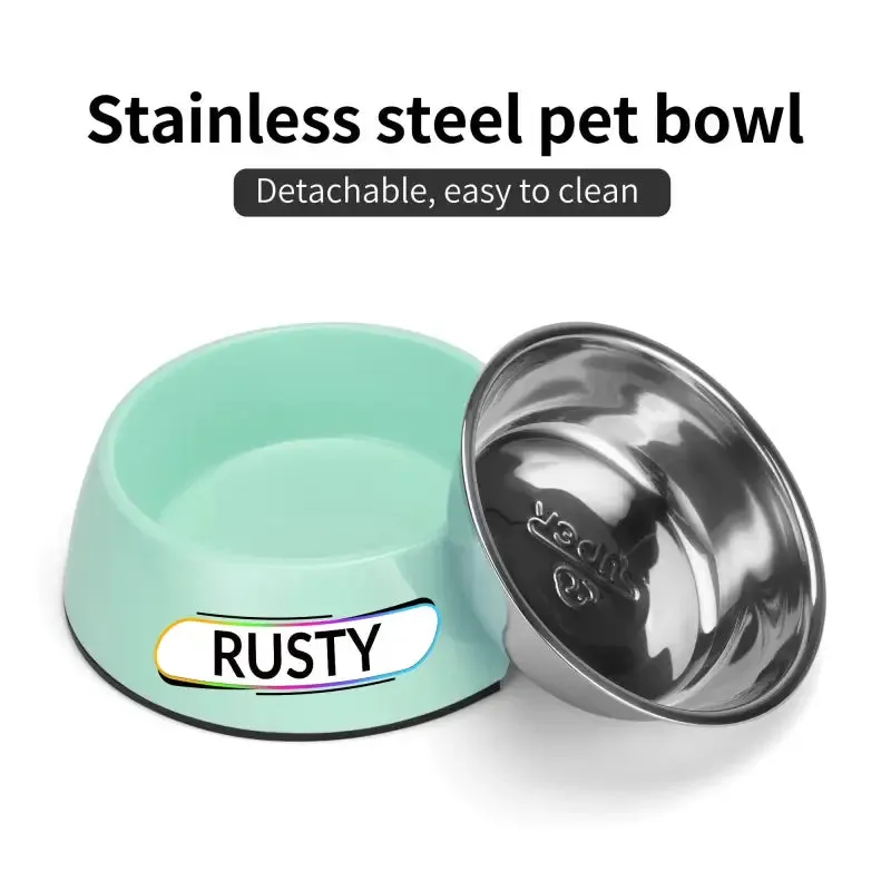 Personalized Pink Pet Food Bowl with Custom Name Tag for Rusty