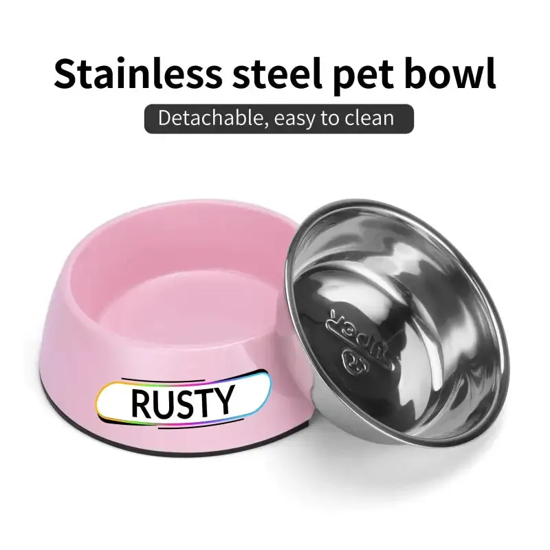 Personalized Pink Pet Food Bowl with Custom Name Tag for Rusty