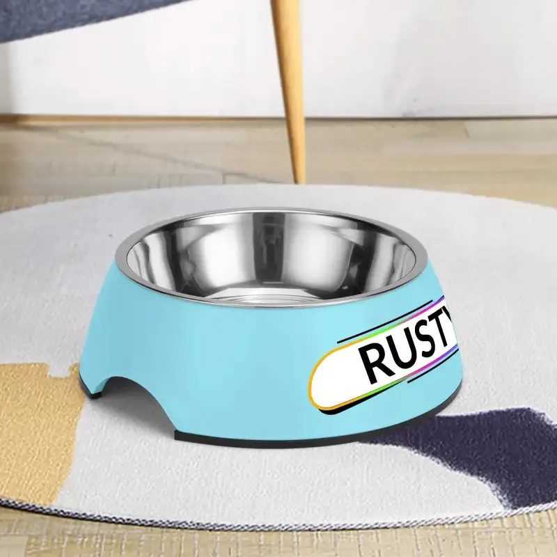 Personalized Pink Pet Food Bowl with Custom Name Tag for Rusty
