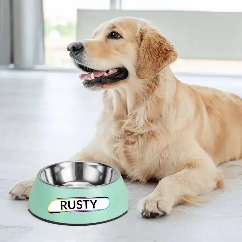 Personalized Pink Pet Food Bowl with Custom Name Tag for Rusty