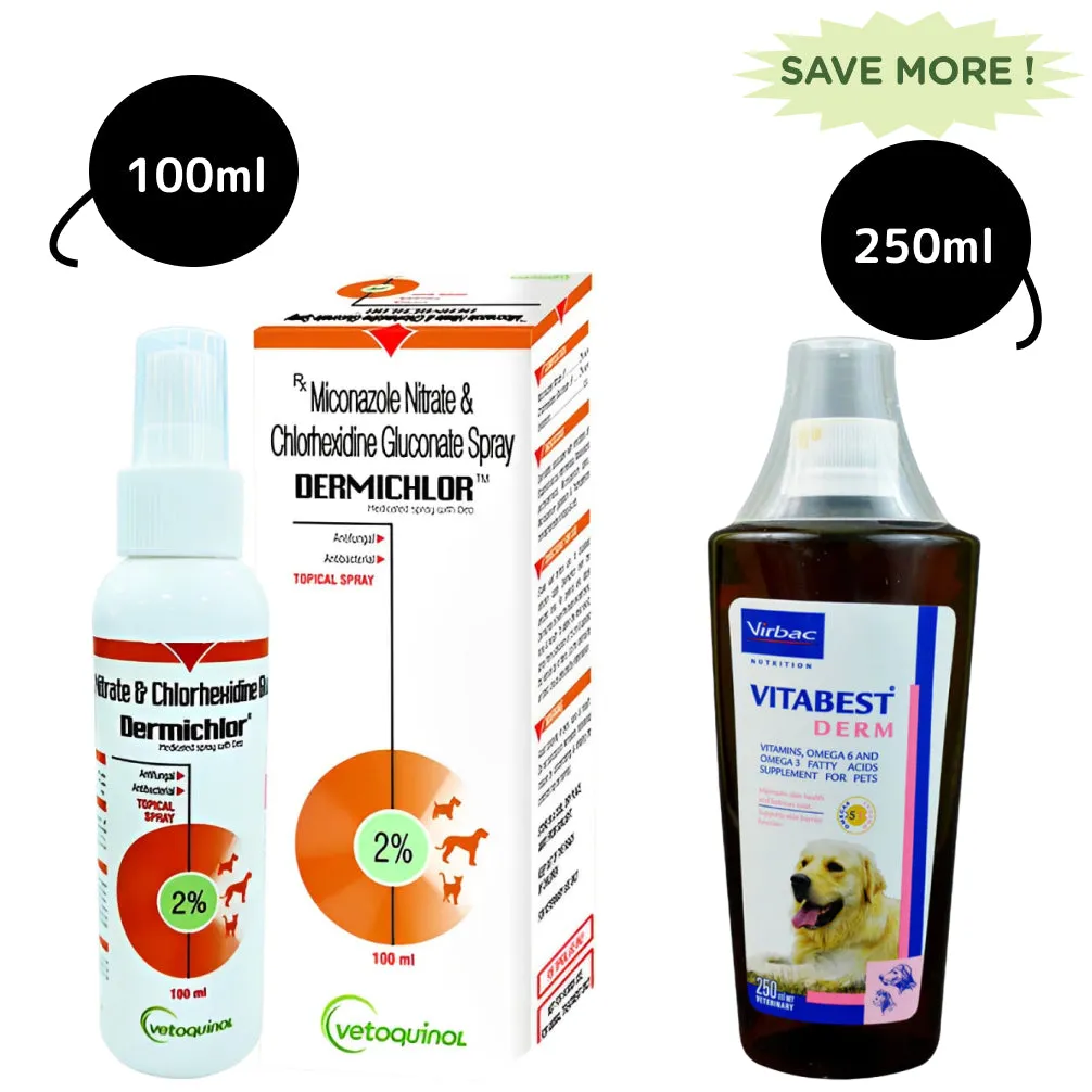 Virbac Vitabest Derm Omega 3   6 Syrup (250ml) and Vetoquinol Dermichlor Spray (100ml) for Dogs and Cats Combo